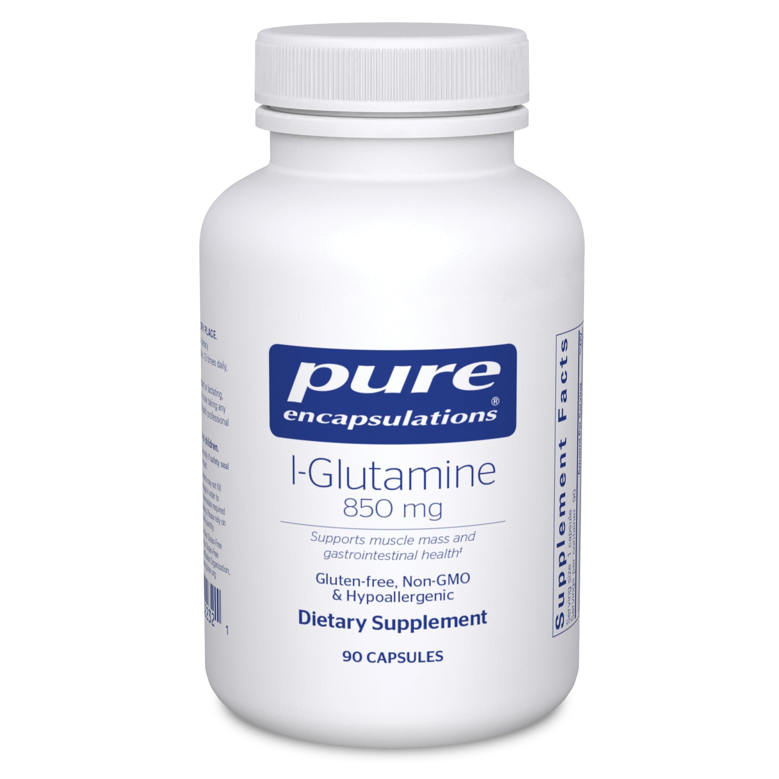 Pure Encapsulations L-Glutamine 850 mg bottle with clear label for daily gut and muscle support.
