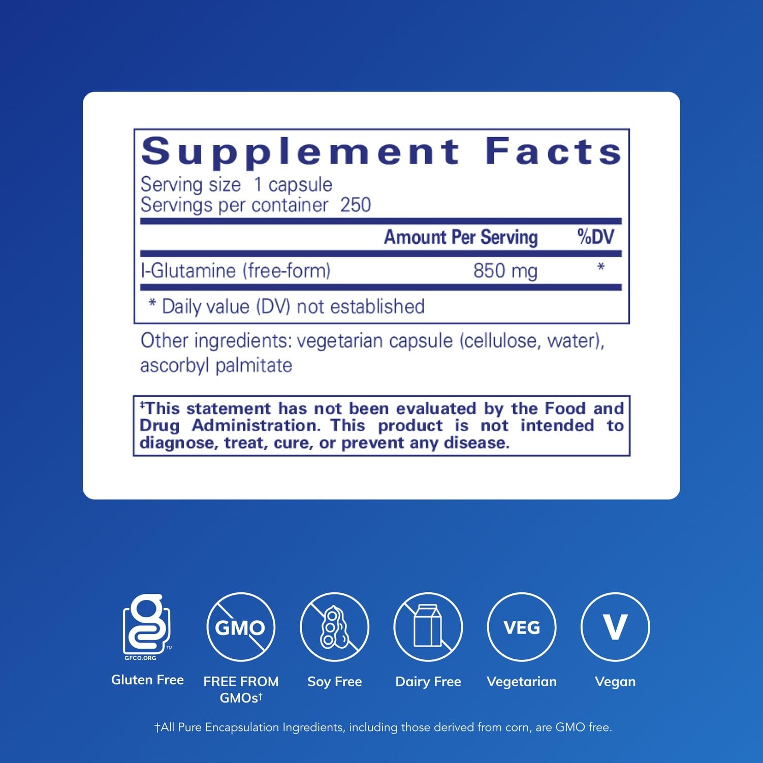 L-Glutamine capsules close-up showing compact capsules for daily use.