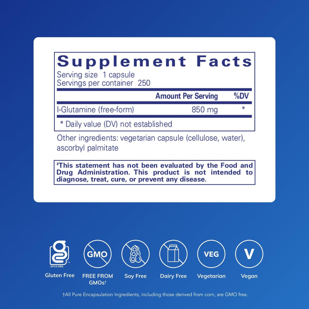 L-Glutamine capsules close-up showing compact capsules for daily use.
