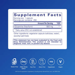 L-Glutamine capsules close-up showing compact capsules for daily use.