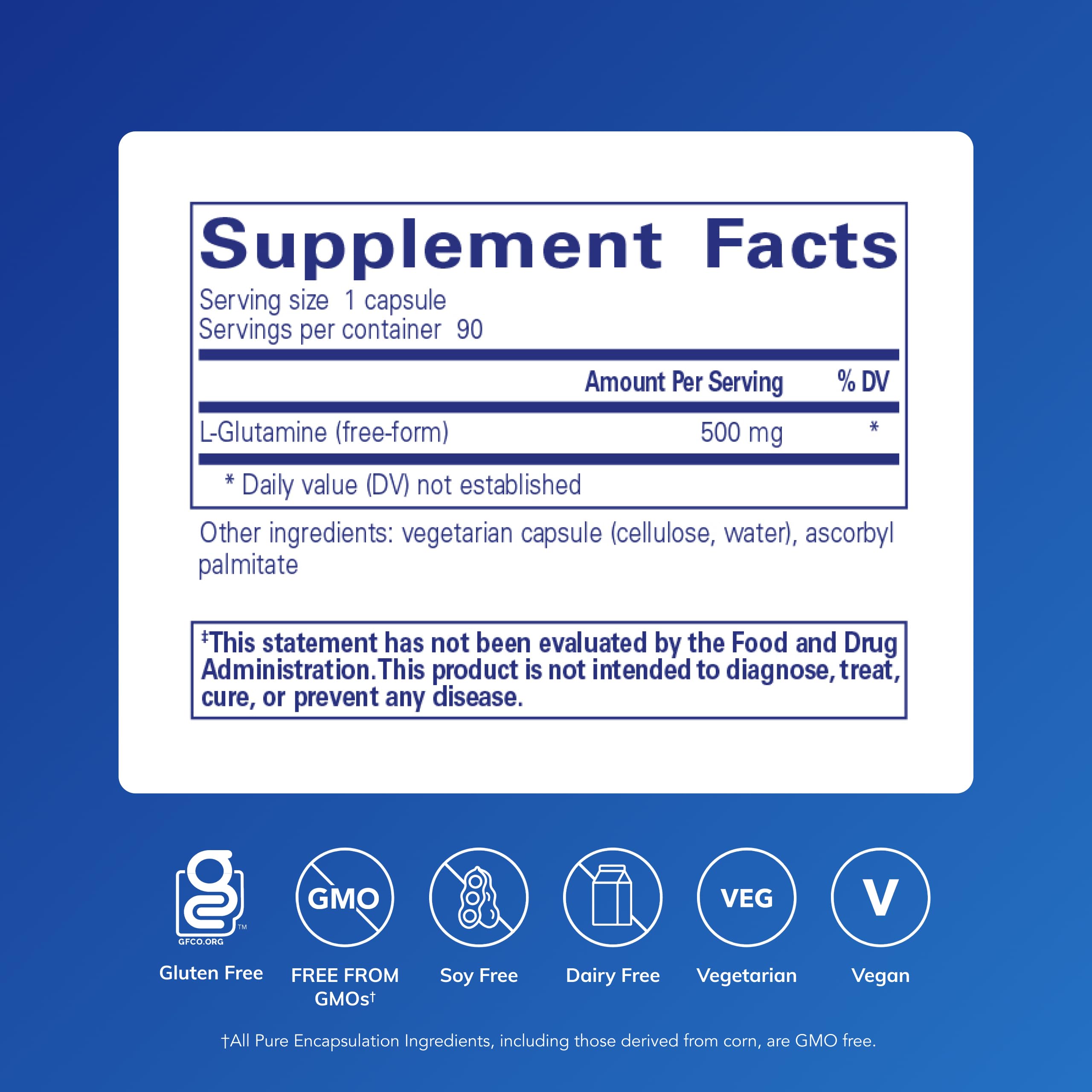Pure Encapsulations L-Glutamine bottle back highlighting purity and allergen-free formulation.