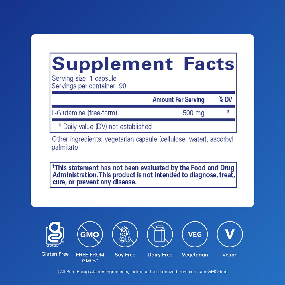 Pure Encapsulations L-Glutamine bottle back highlighting purity and allergen-free formulation.