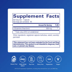 Pure Encapsulations L-Glutamine bottle back highlighting purity and allergen-free formulation.