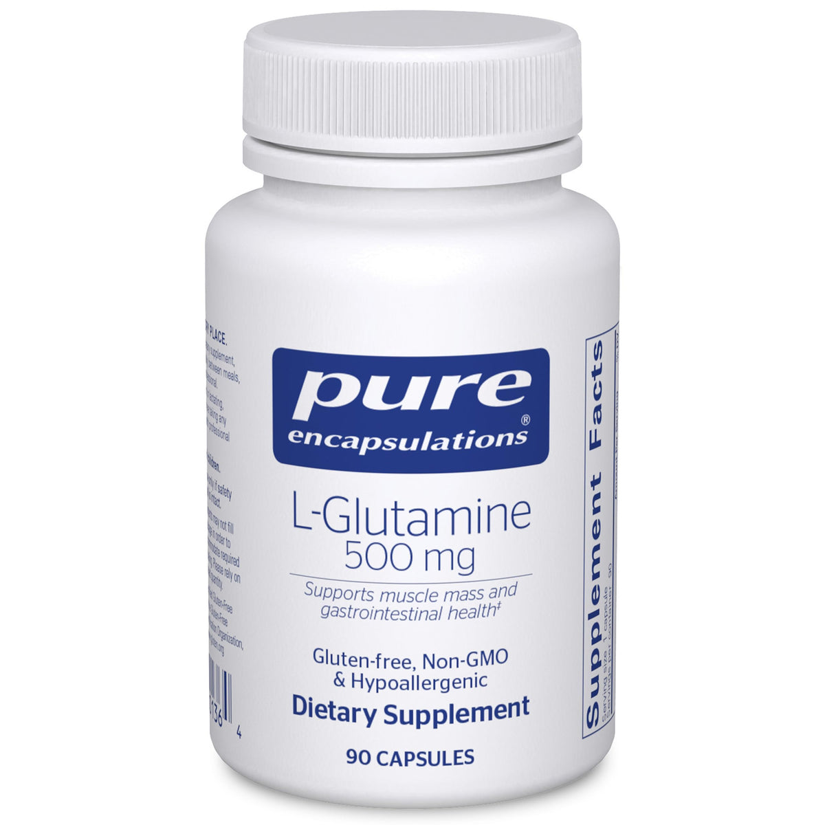 Pure Encapsulations L-Glutamine bottle front showing gut lining and lean muscle support potential.
