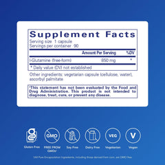 Pure Encapsulations L-Glutamine capsules close-up showing small, easy-to-swallow doses.