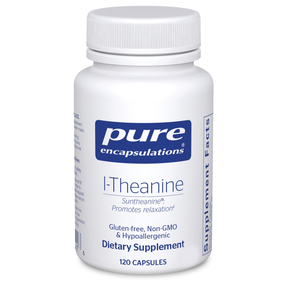 Pure Encapsulations L-Theanine bottle cap close-up highlighting freshness