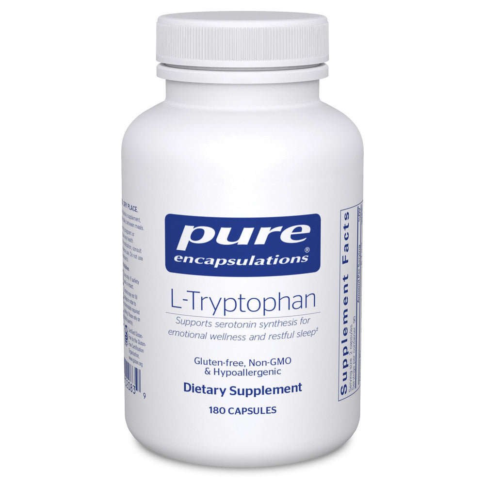 Pure Encapsulations L-Tryptophan bottle on a shelf signaling pure quality for restful evenings