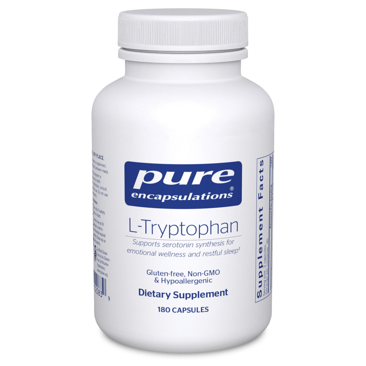 Pure Encapsulations L-Tryptophan bottle on a shelf signaling pure quality for restful evenings