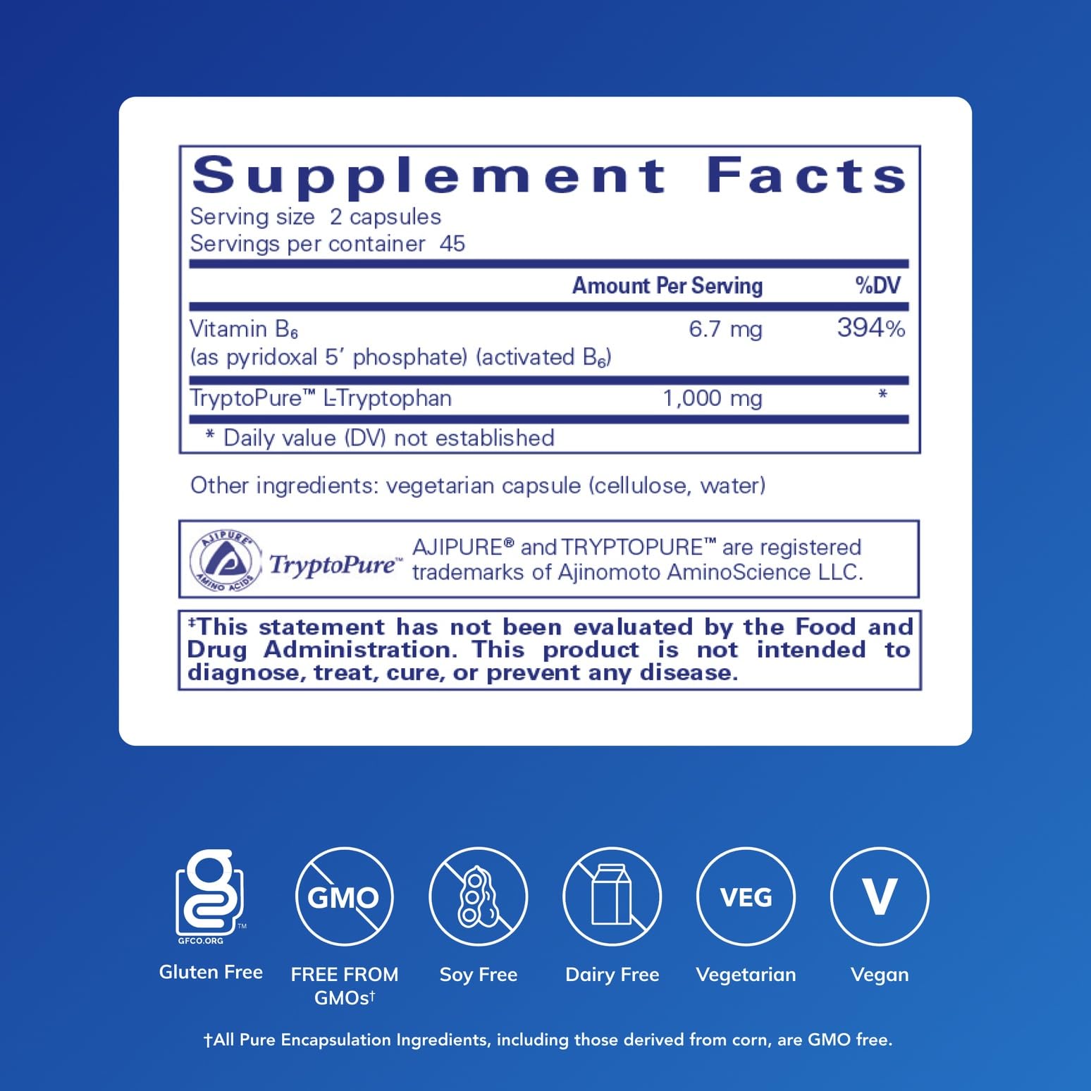 Pure Encapsulations L-Tryptophan capsules closeup highlights purity
