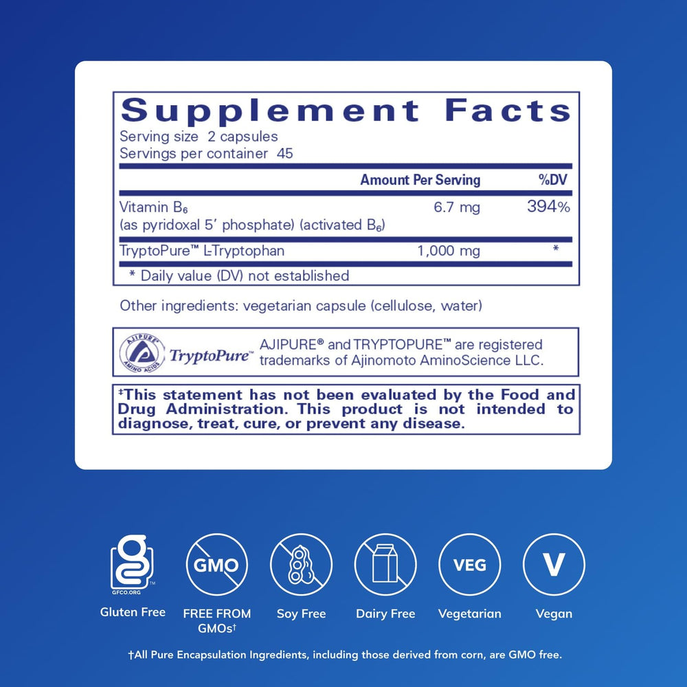 Pure Encapsulations L-Tryptophan capsules closeup highlights purity