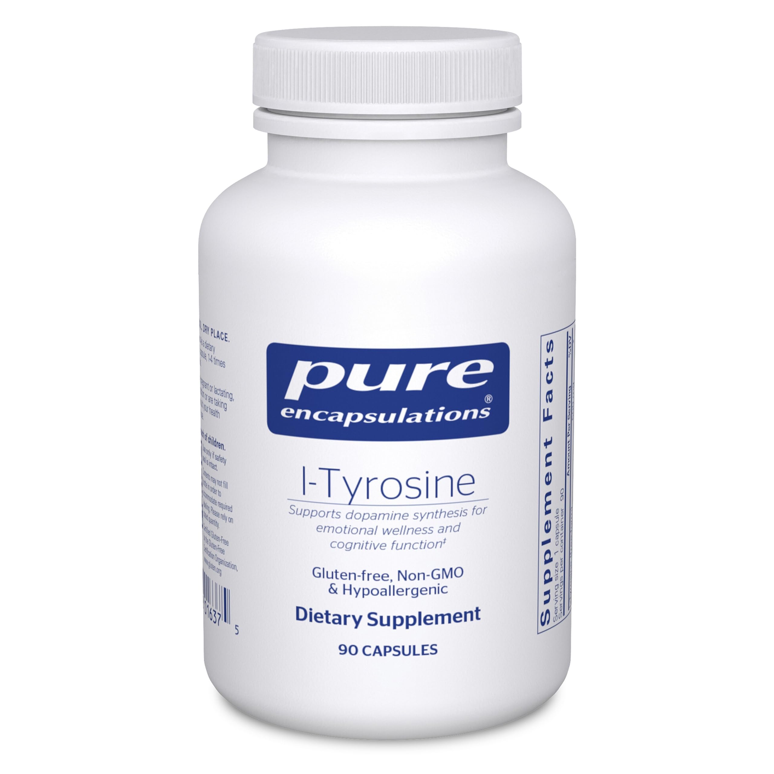 Pure Encapsulations L-Tyrosine bottle on a clean desk, suggesting focus support.