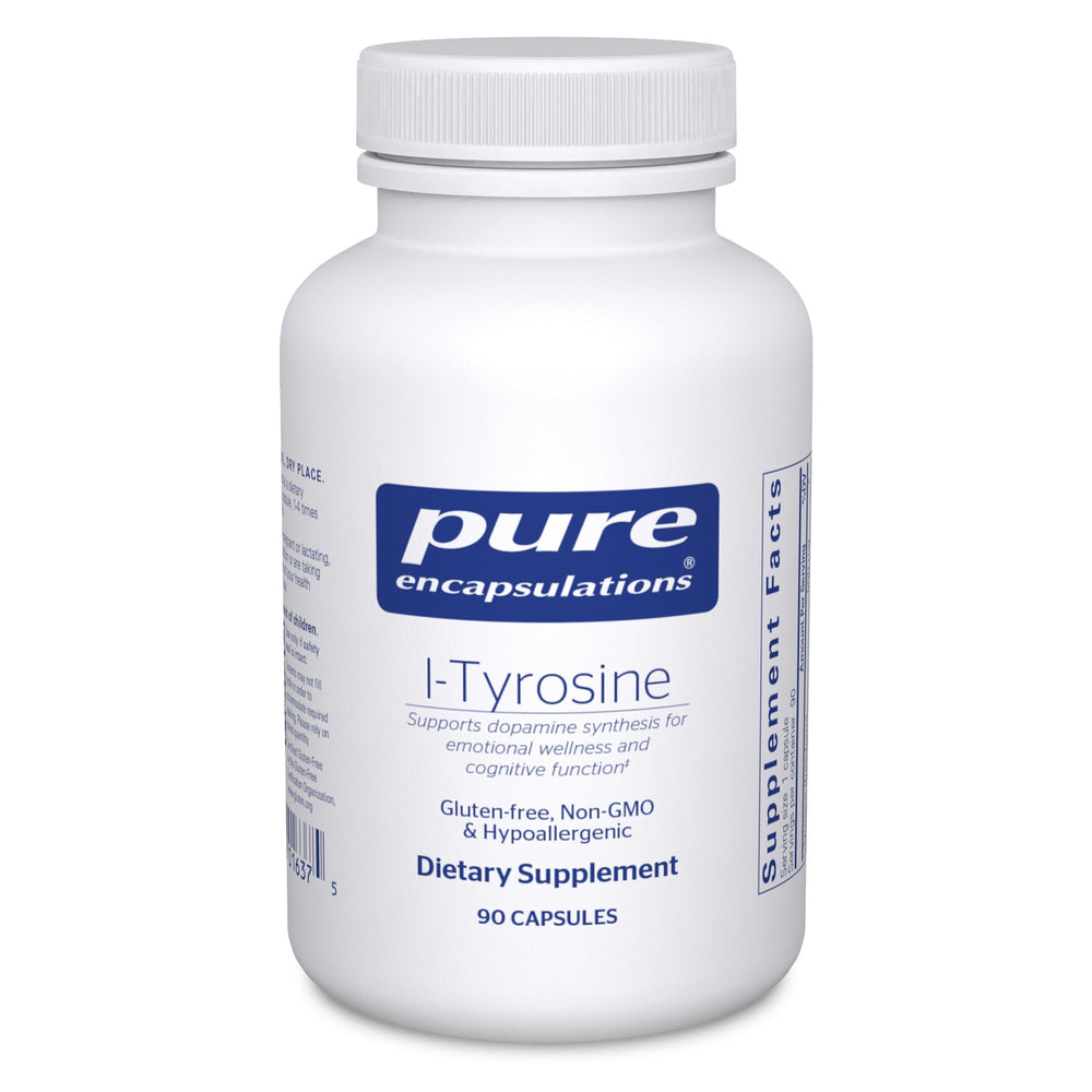 Pure Encapsulations L-Tyrosine bottle on a clean desk, suggesting focus support.