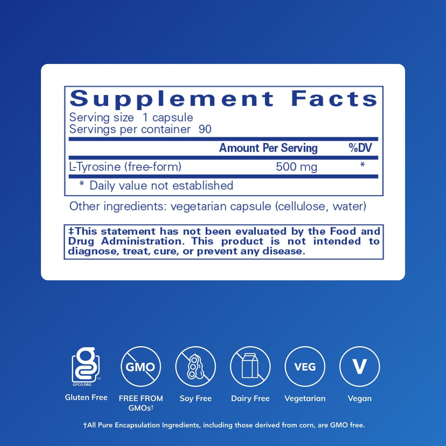 Close-up of Pure Encapsulations L-Tyrosine capsules highlighting high-concentration formula.