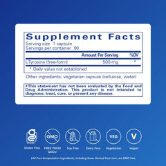 Close-up of Pure Encapsulations L-Tyrosine capsules highlighting high-concentration formula.