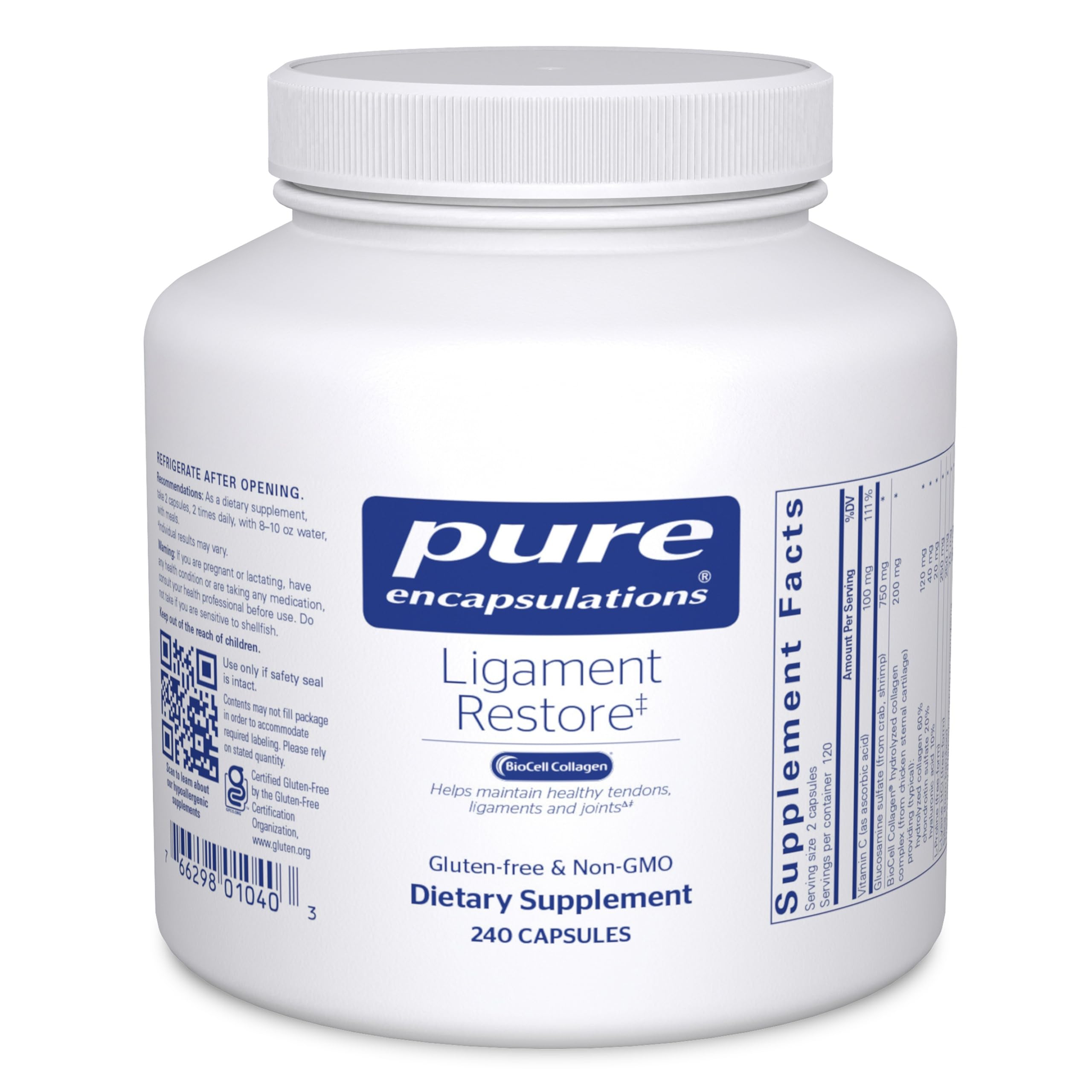 Pure Encapsulations Ligament Restore bottle front for joint support and connective tissue wellness.