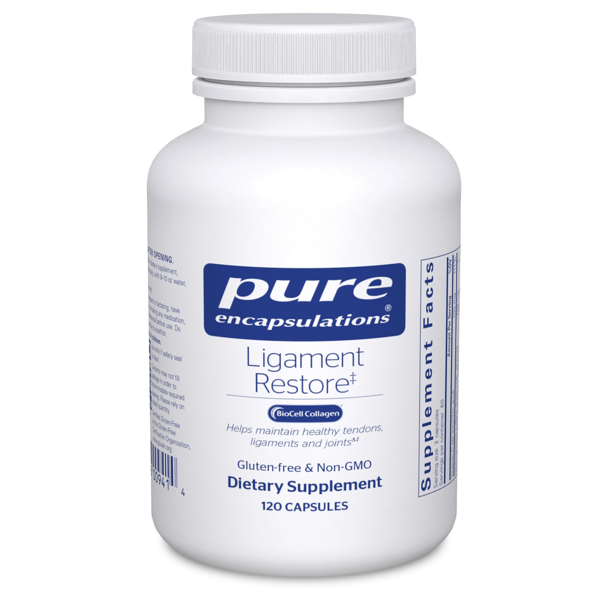 Pure Encapsulations Ligament Restore bottle with capsules ready for daily use.