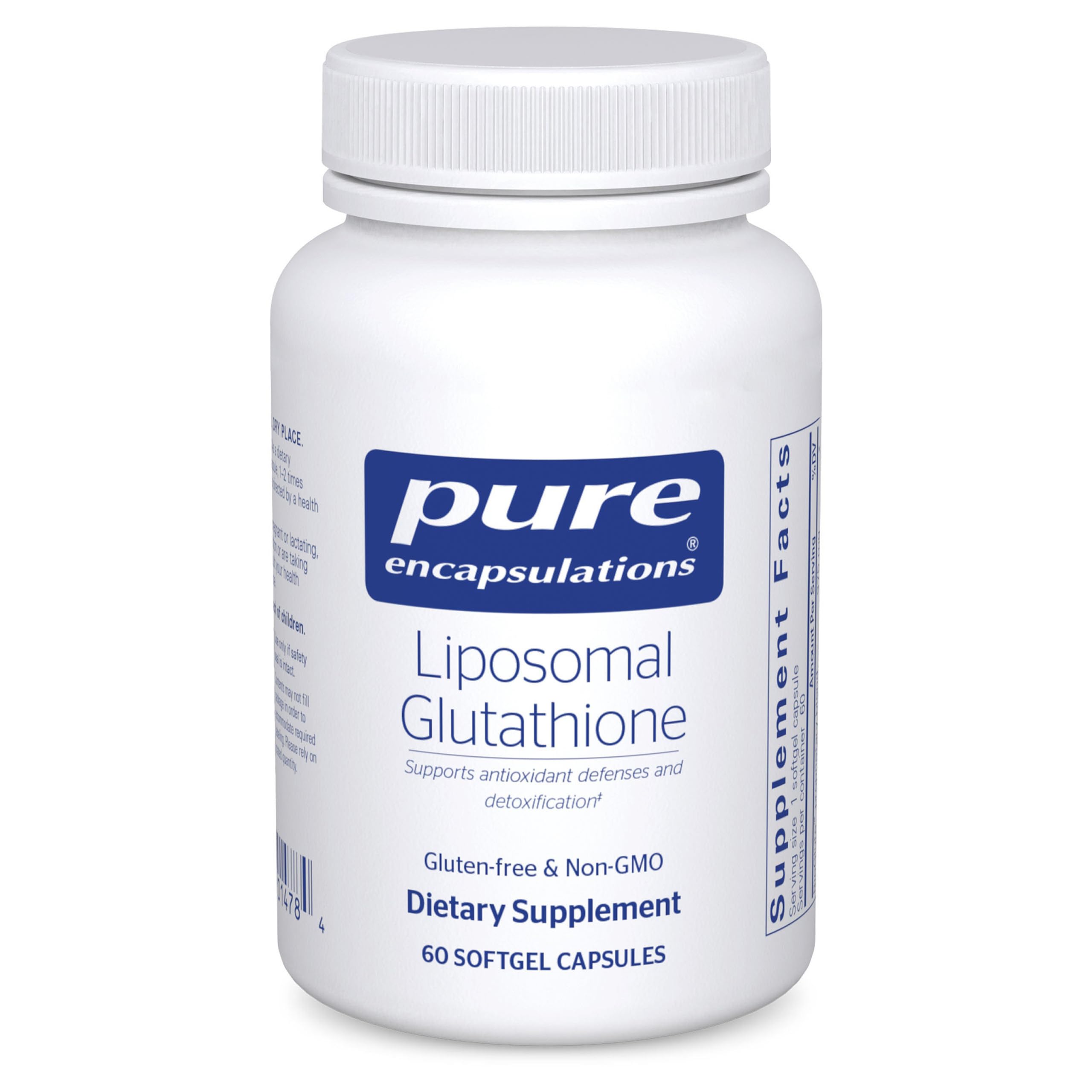 Pure Encapsulations Liposomal Glutathione bottle front highlighting packaging and antioxidant support