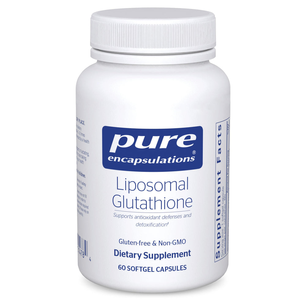 Pure Encapsulations Liposomal Glutathione bottle front highlighting packaging and antioxidant support