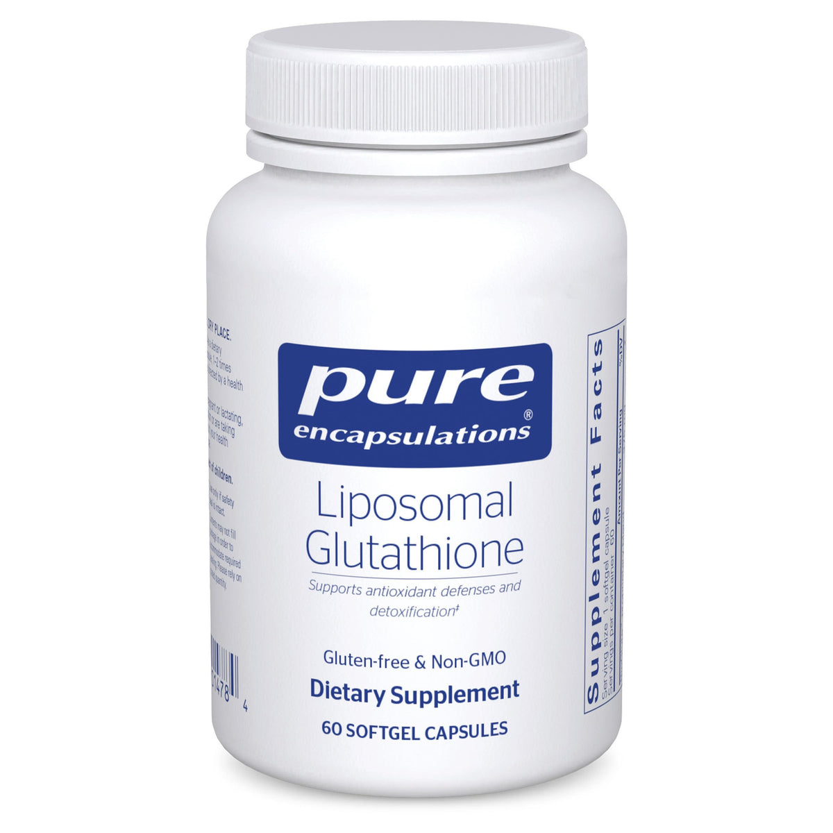 Pure Encapsulations Liposomal Glutathione bottle front highlighting packaging and antioxidant support