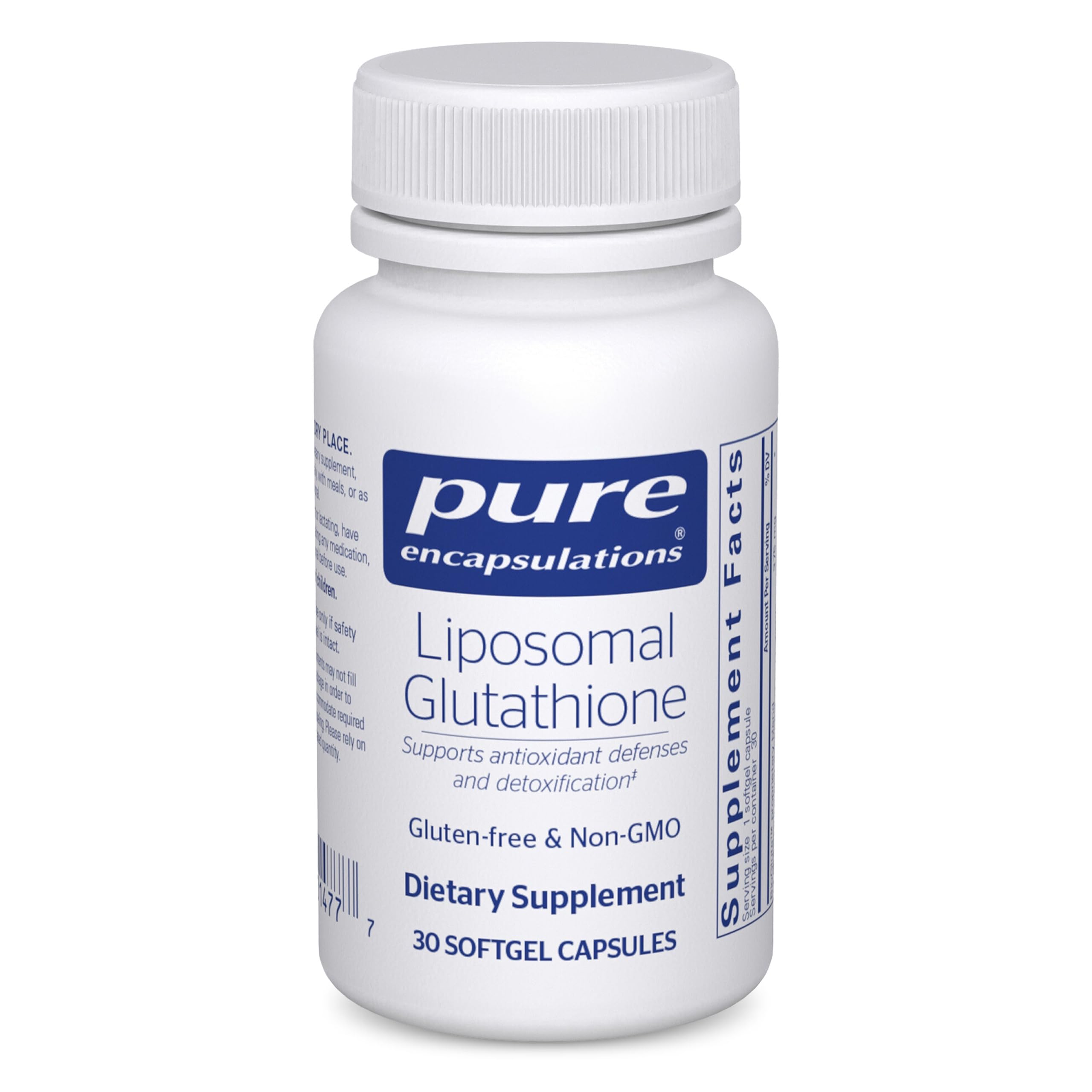 Pure Encapsulations Liposomal Glutathione bottle front highlighting antioxidant support