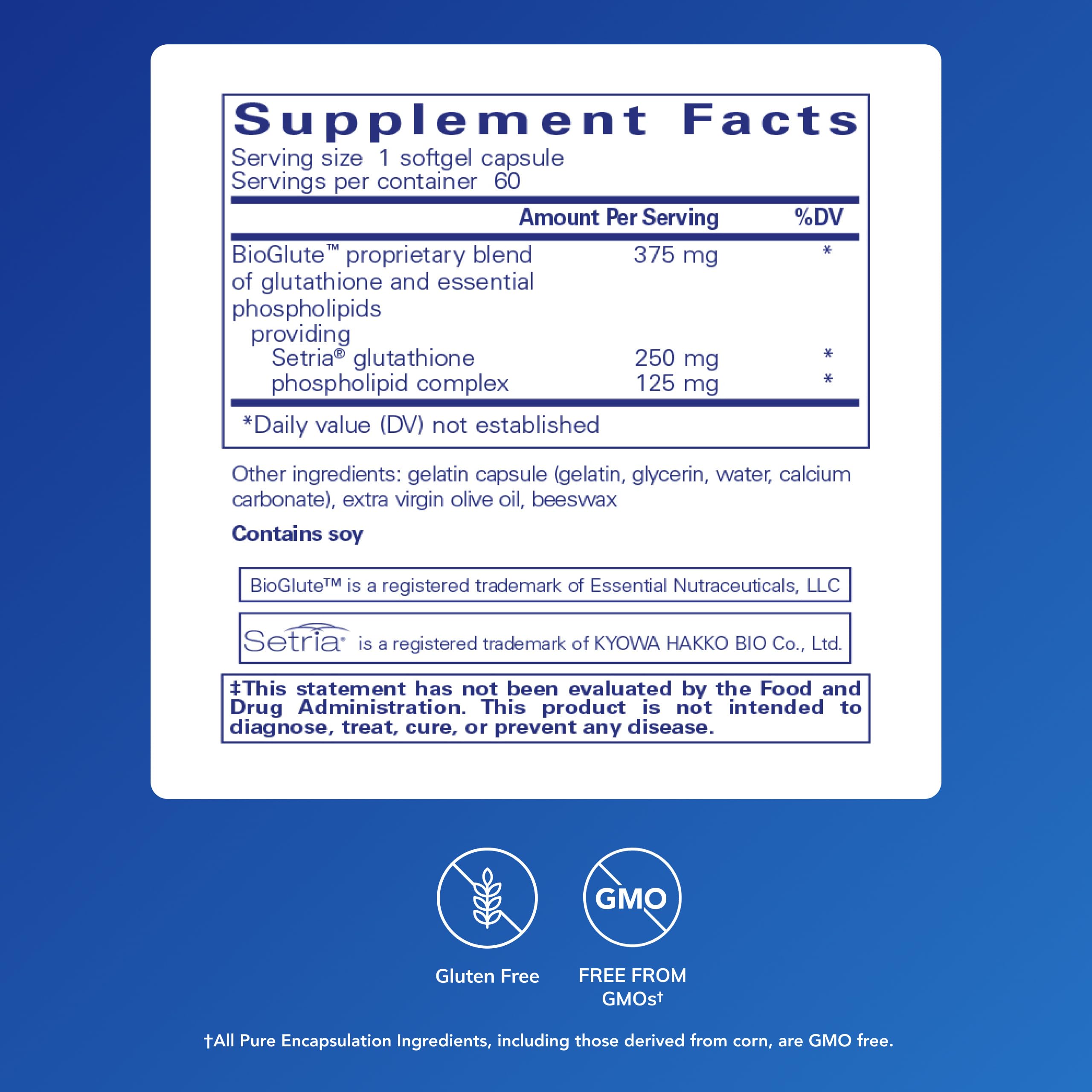 Pure Encapsulations Liposomal Glutathione label close-up with Setria ingredient