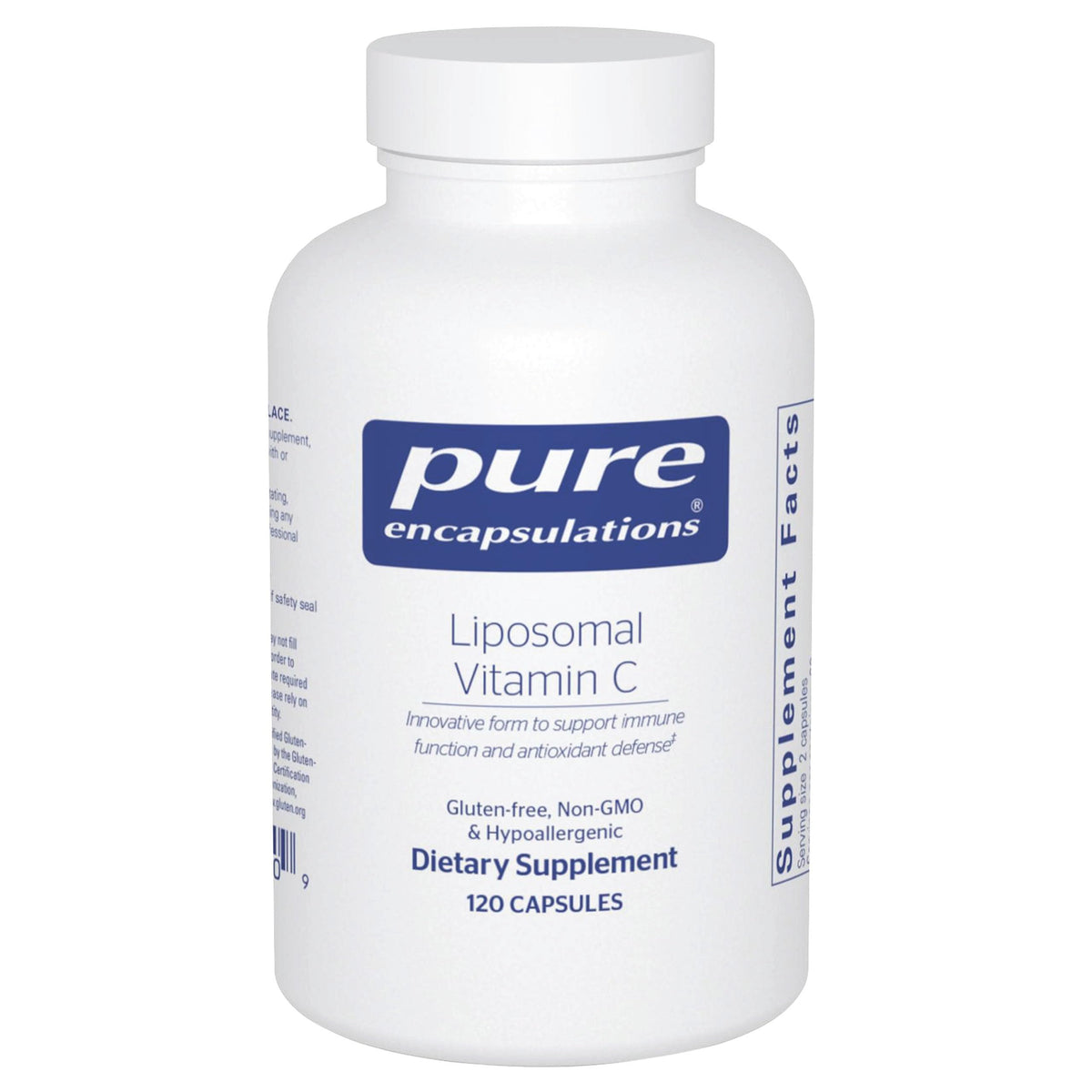 Pure Encapsulations Liposomal Vitamin C bottle front for easy daily immune support.
