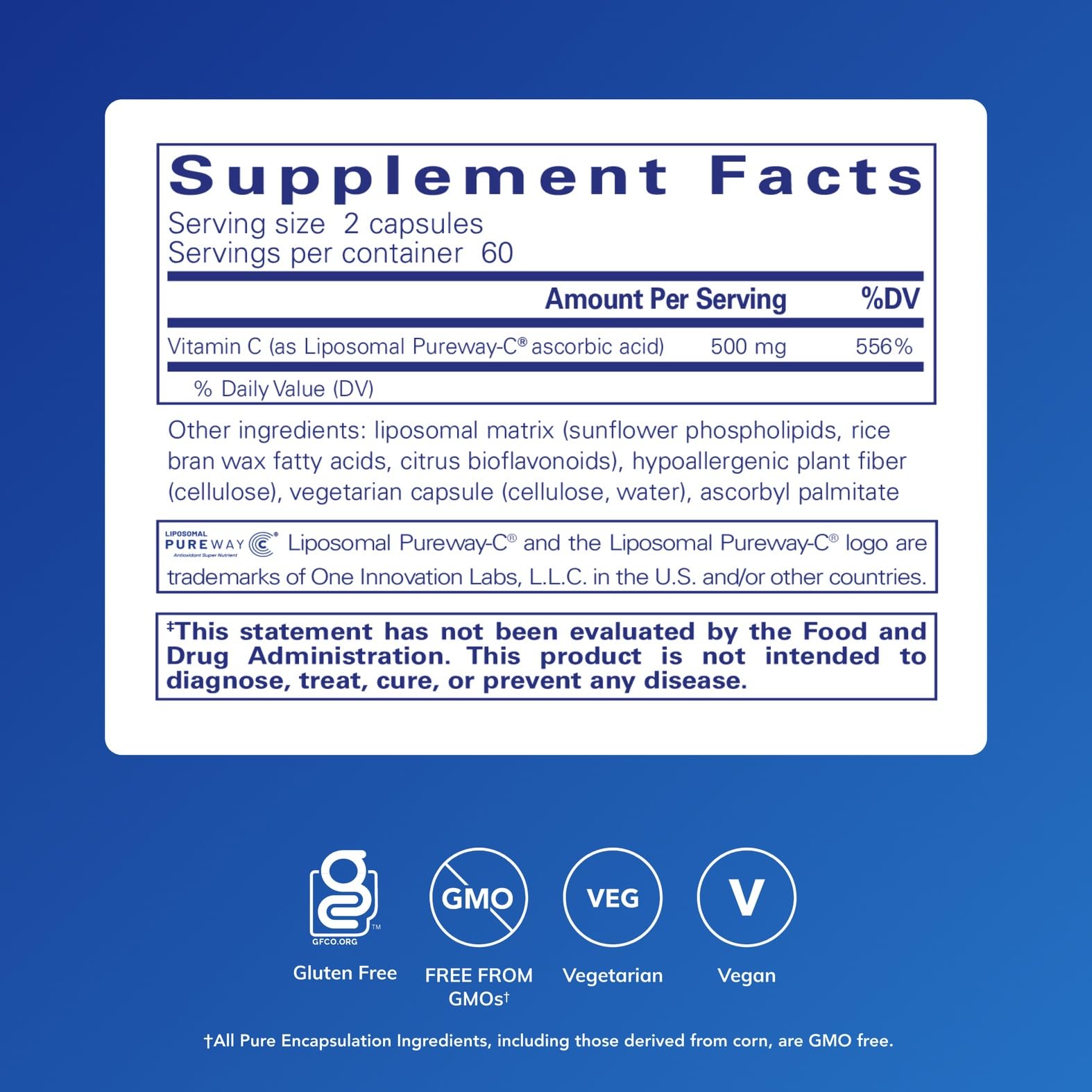 Pure Encapsulations Liposomal Vitamin C label close-up highlighting PureWay-C.