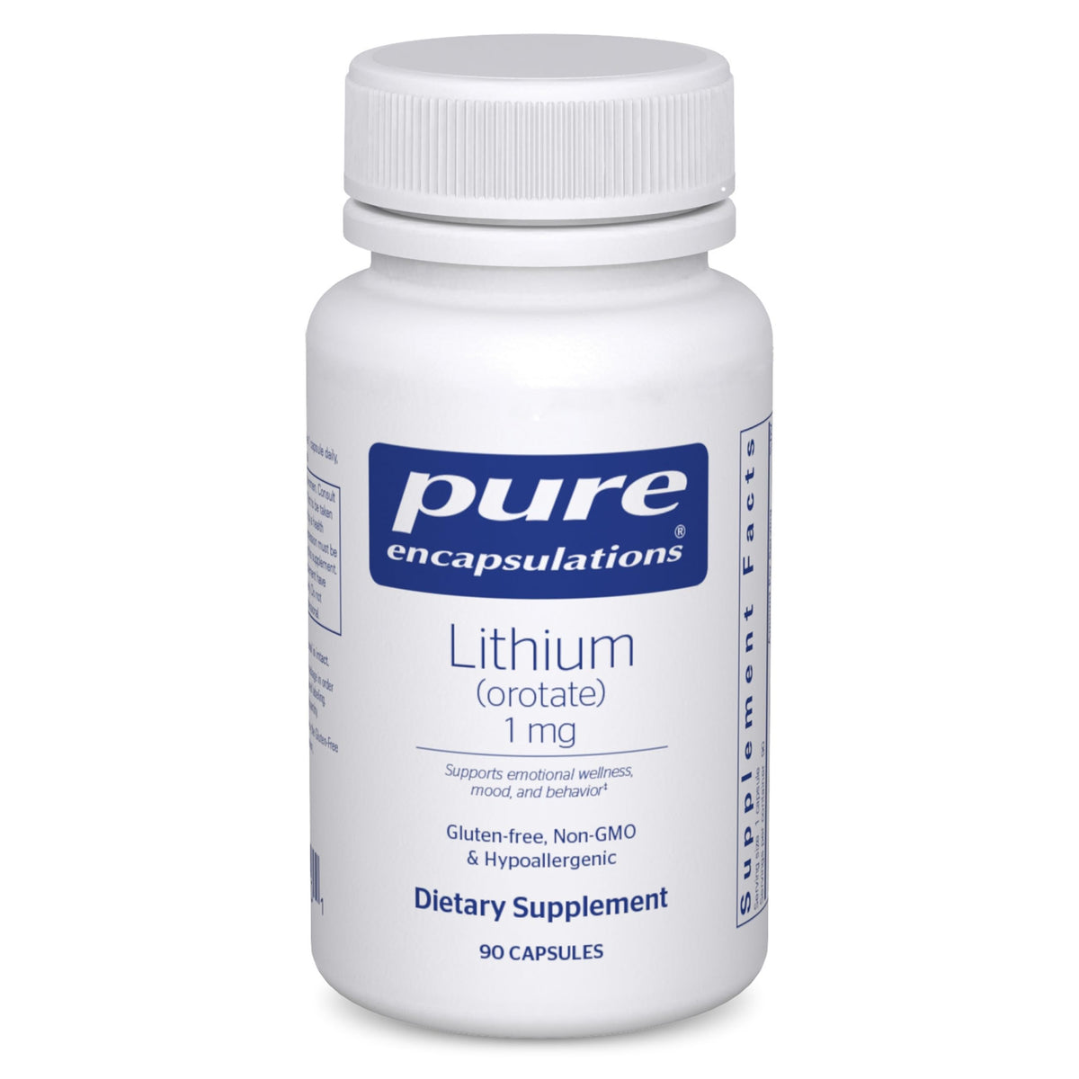 Pure Encapsulations Lithium Orotate 1 mg bottle front promotes calmness with clean ingredients.