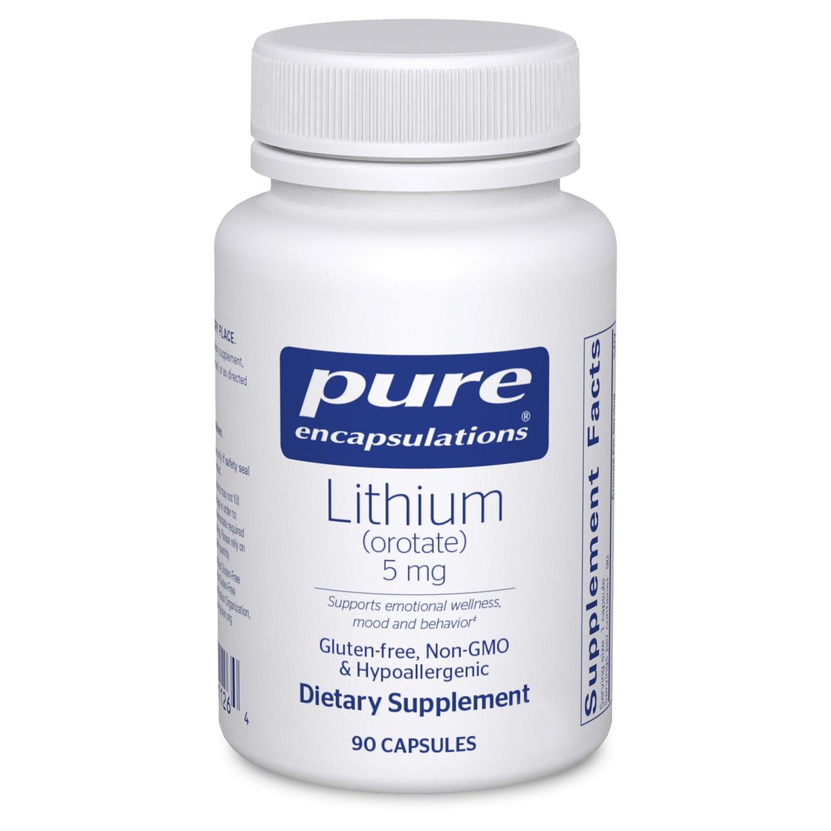 Pure Encapsulations Lithium Orotate 5 mg bottle front view highlighting brain health support.