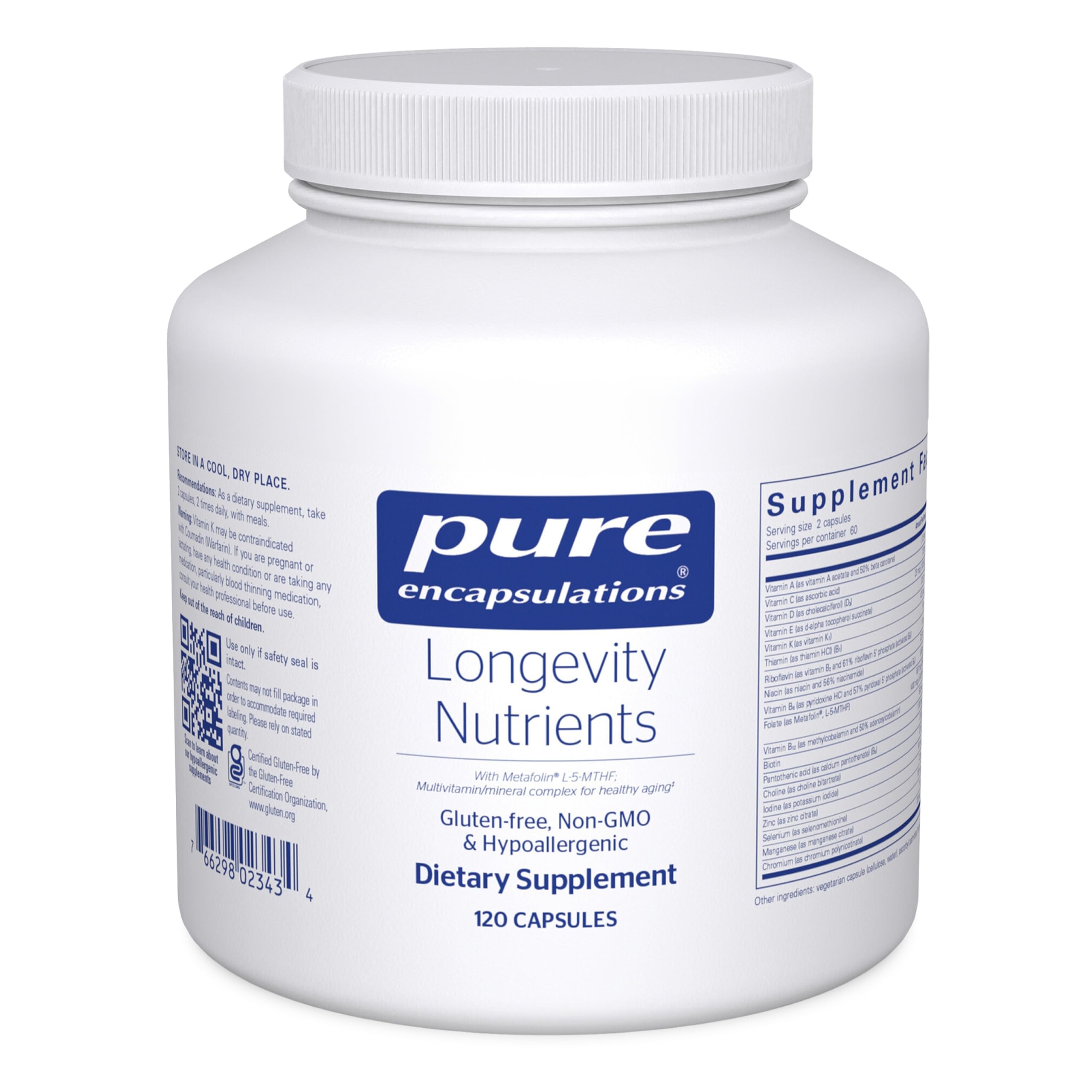 Pure Encapsulations Longevity Nutrients bottle front for daily aging support.