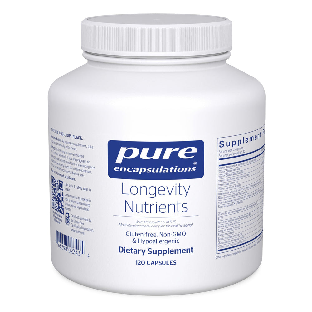 Pure Encapsulations Longevity Nutrients bottle front for daily aging support.