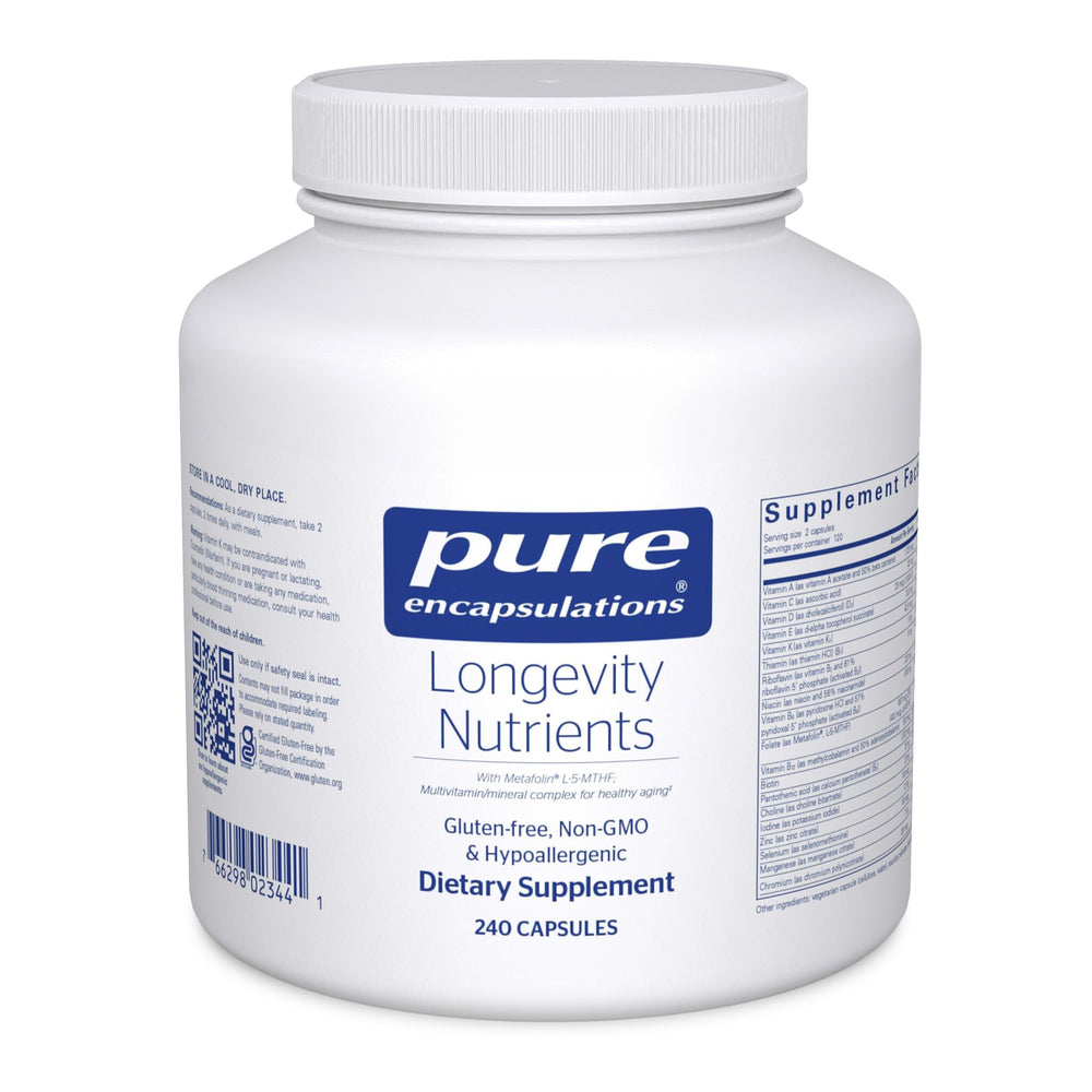 Pure Encapsulations Longevity Nutrients bottle with capsules, supports healthy aging in daily life.