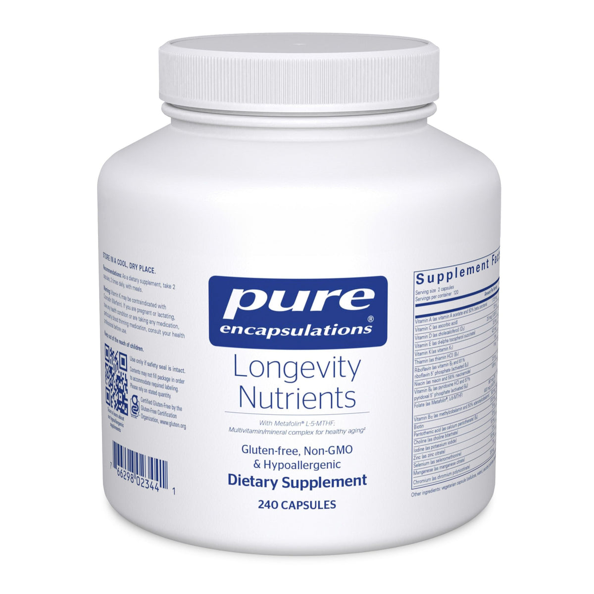 Pure Encapsulations Longevity Nutrients bottle with capsules, supports healthy aging in daily life.