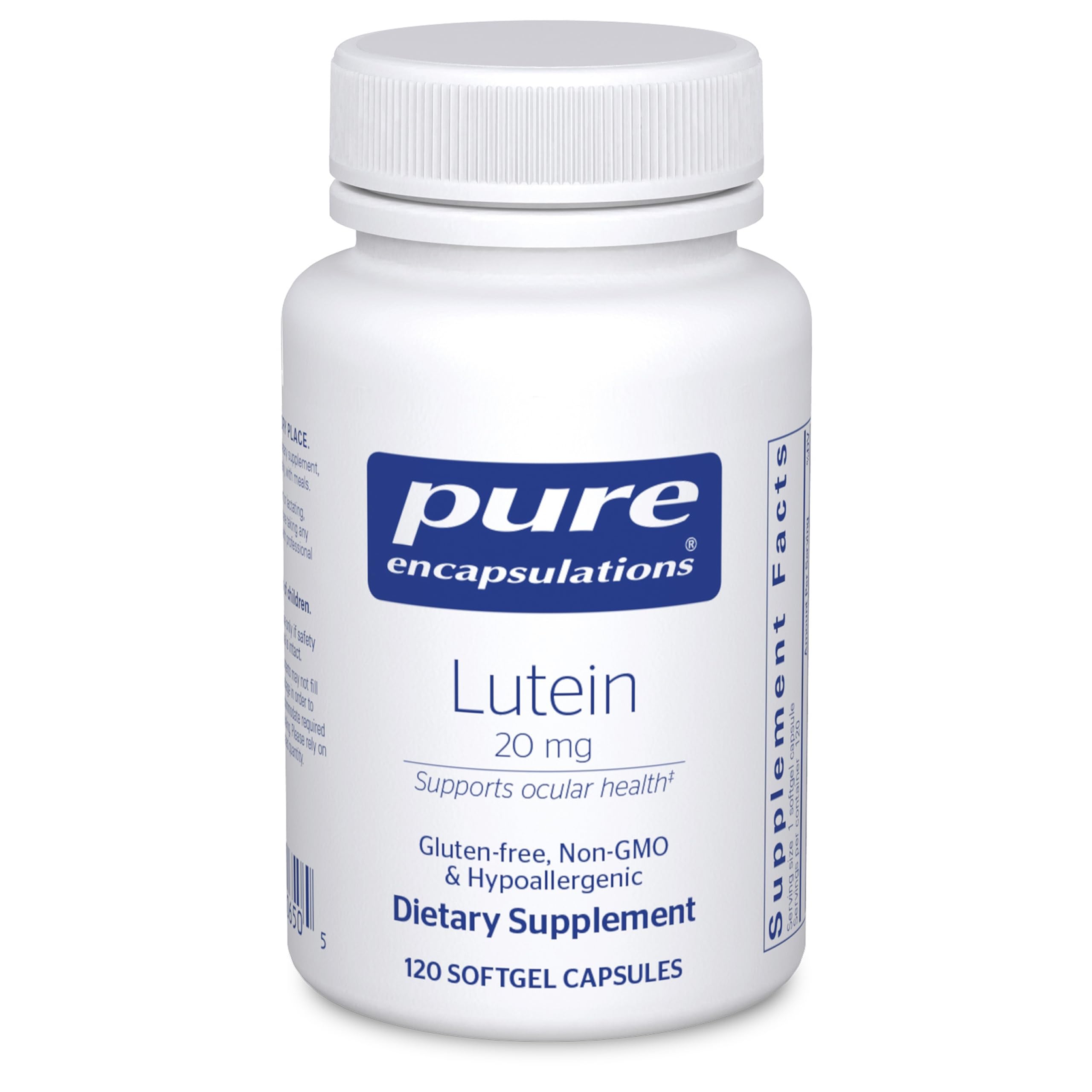 Pure Encapsulations Lutein 20mg softgel bottle on a table, supporting eye health.
