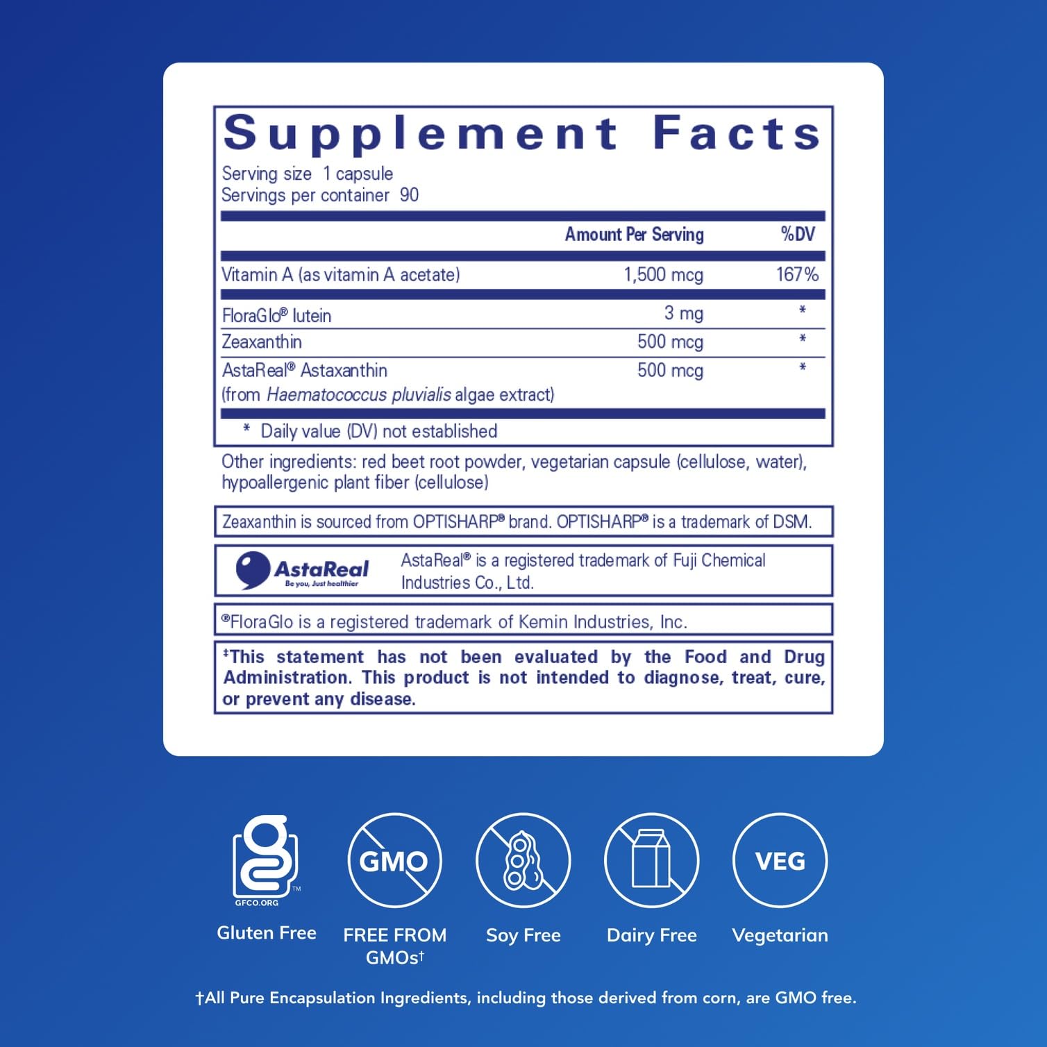 Pure Encapsulations capsules with lutein zeaxanthin and astaxanthin for macular pigment