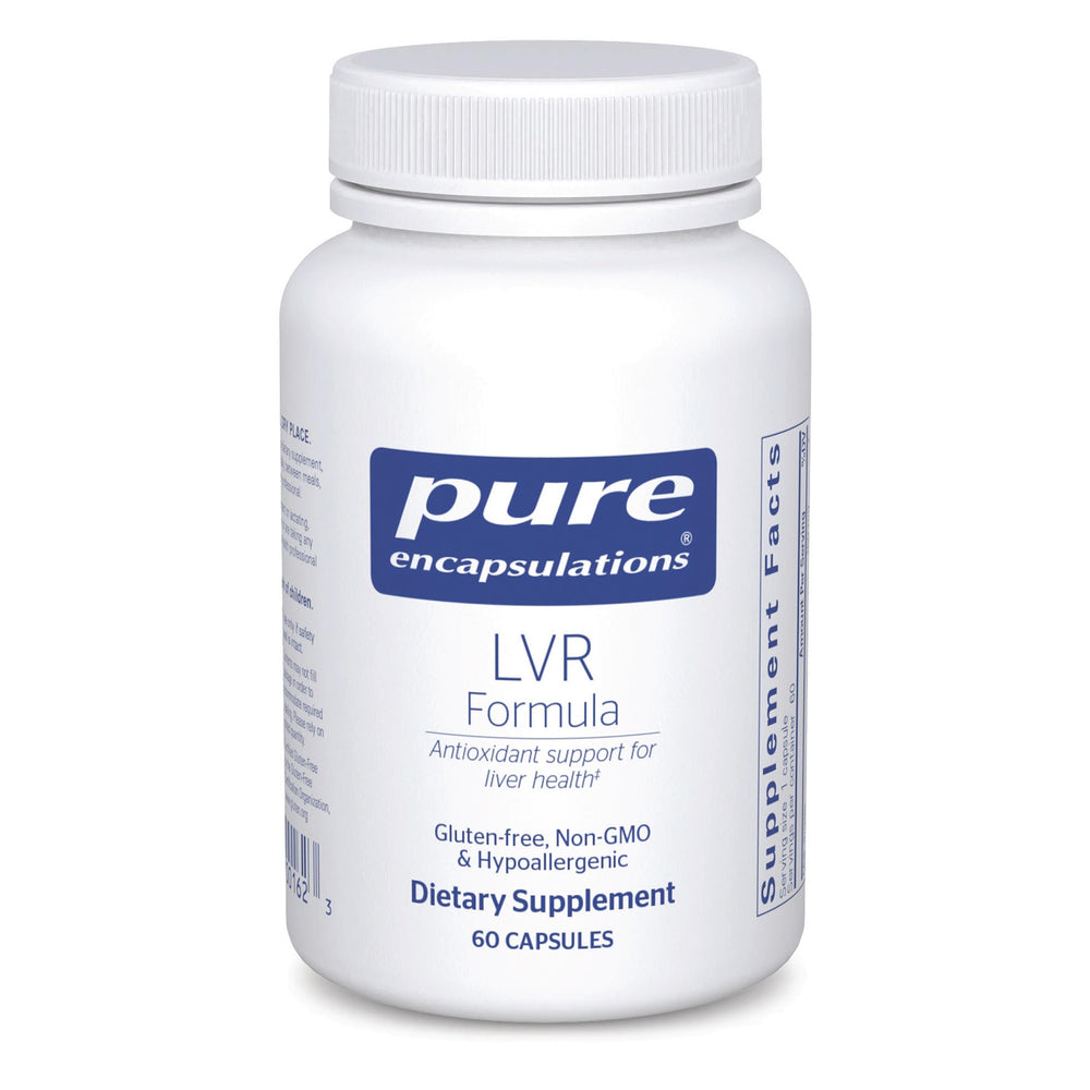 Pure Encapsulations LVR Formula bottle on shelf highlights liver-support supplement.