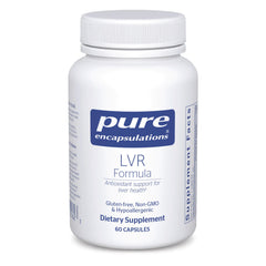 Pure Encapsulations LVR Formula bottle on shelf highlights liver-support supplement.