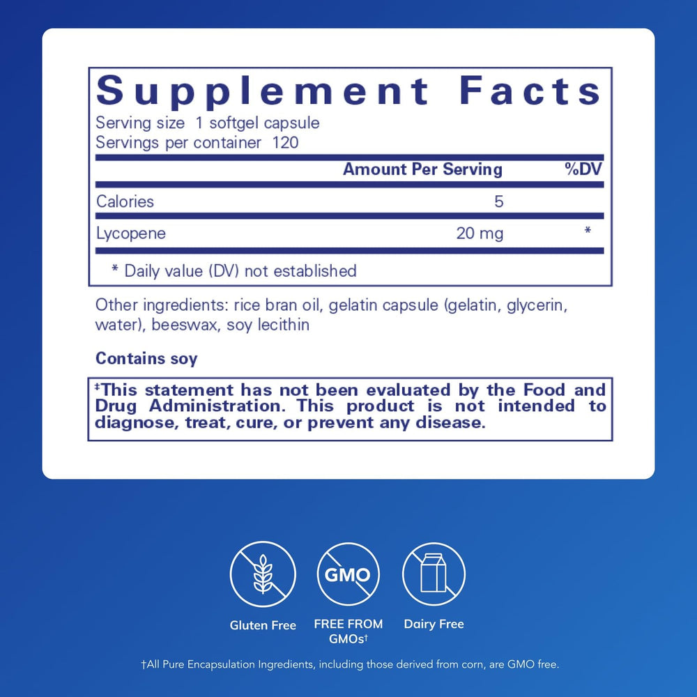 Pure Encapsulations Lycopene tomato extract closeup highlighting plant-based ingredients.