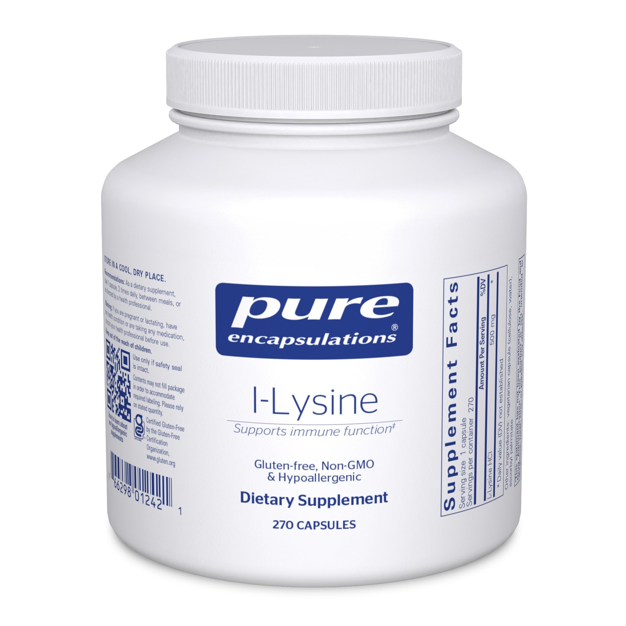 Pure Encapsulations L-Lysine bottle front for immune support, premium quality.