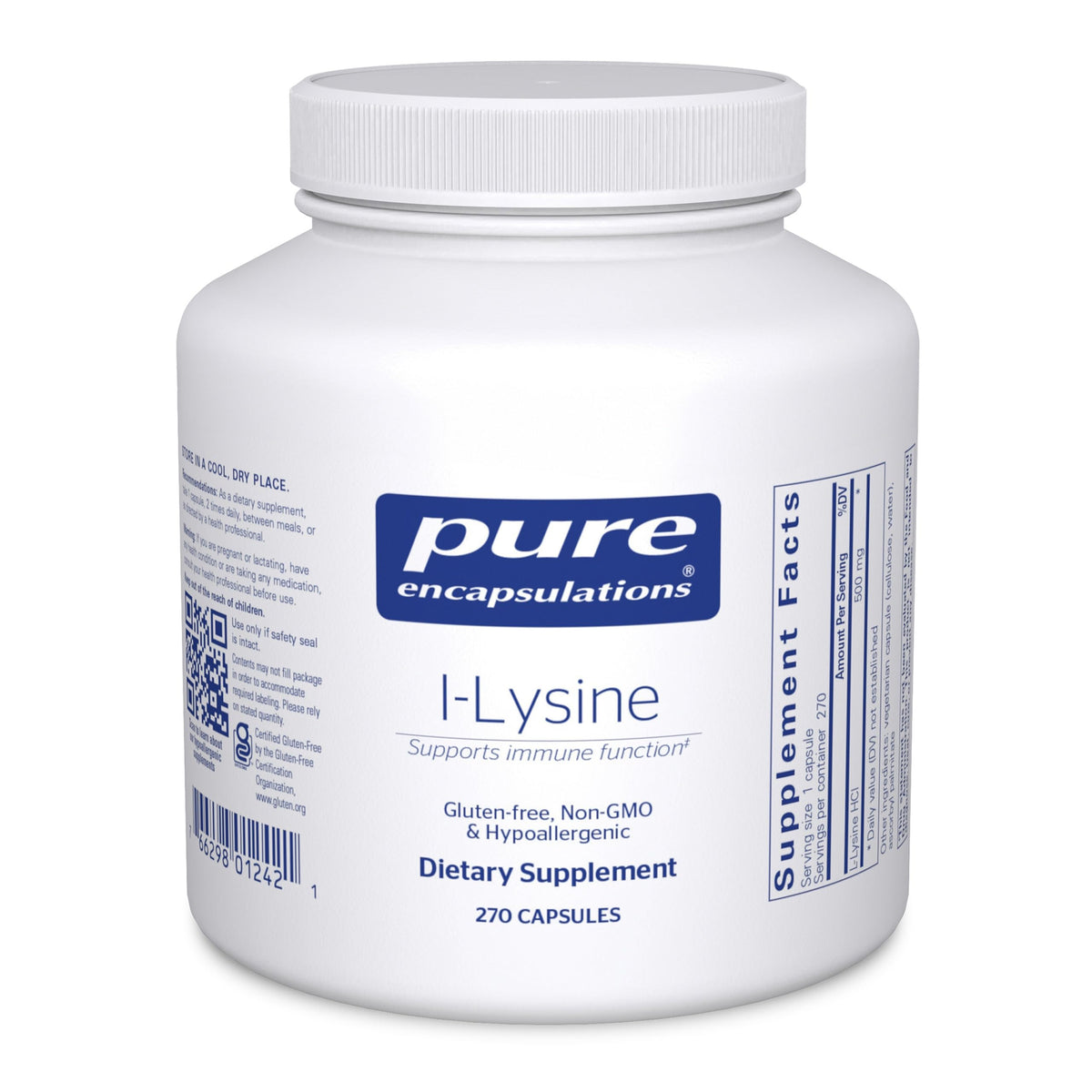Pure Encapsulations L-Lysine bottle front for immune support, premium quality.