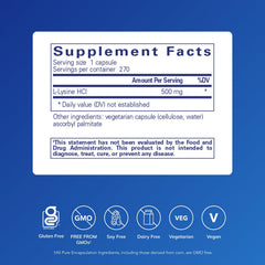 Close-up of Pure Encapsulations L-Lysine capsules highlighting easy-to-swallow form.