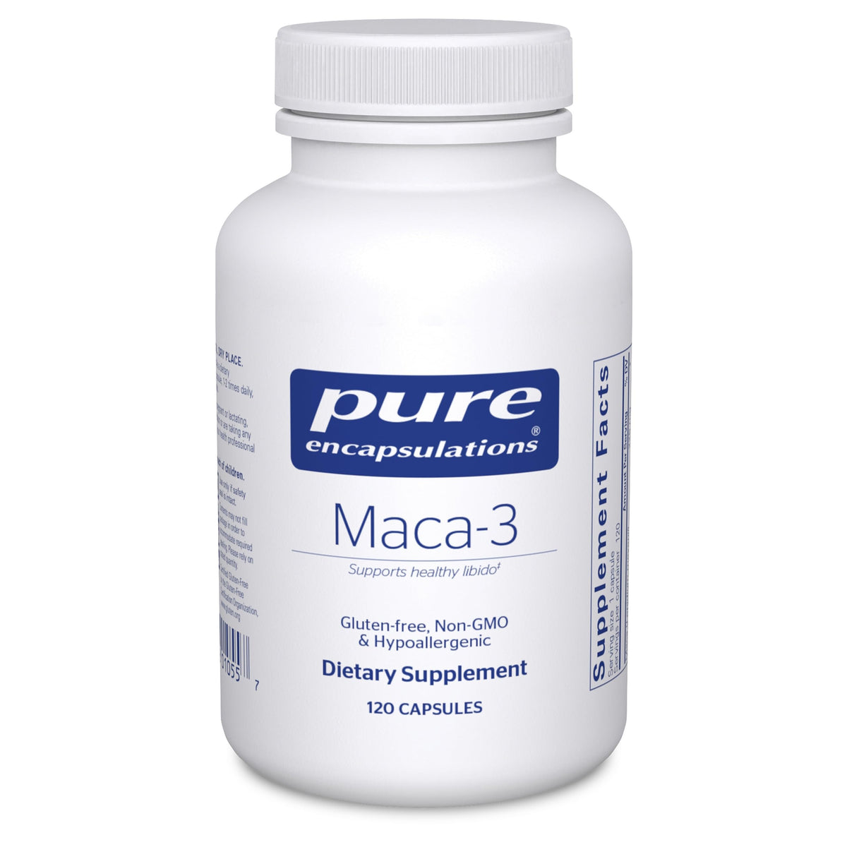 Pure Encapsulations Maca-3 bottle front view highlighting energy and stamina support