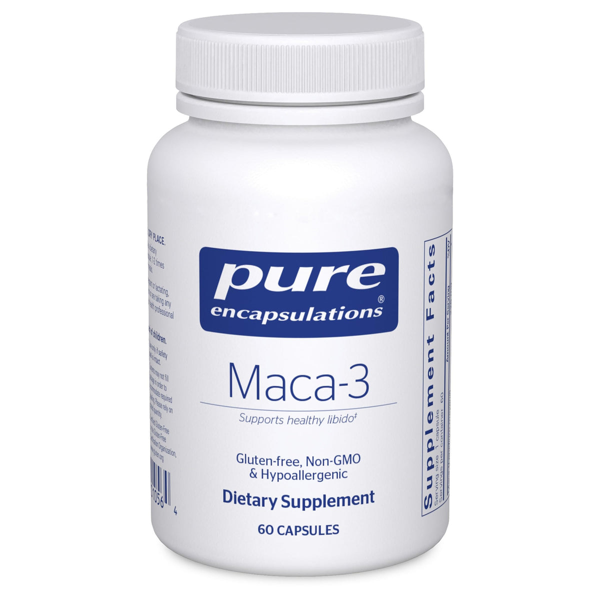 Pure Encapsulations Maca-3 bottle showing hypoallergenic formula for sensitive users.