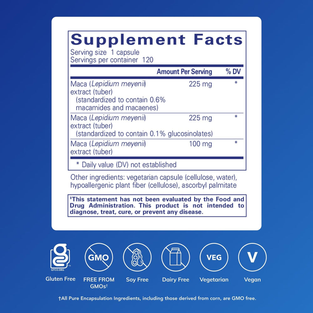 Pure Encapsulations Maca-3 capsules close-up emphasizing hypoallergenic formula for sensitive users