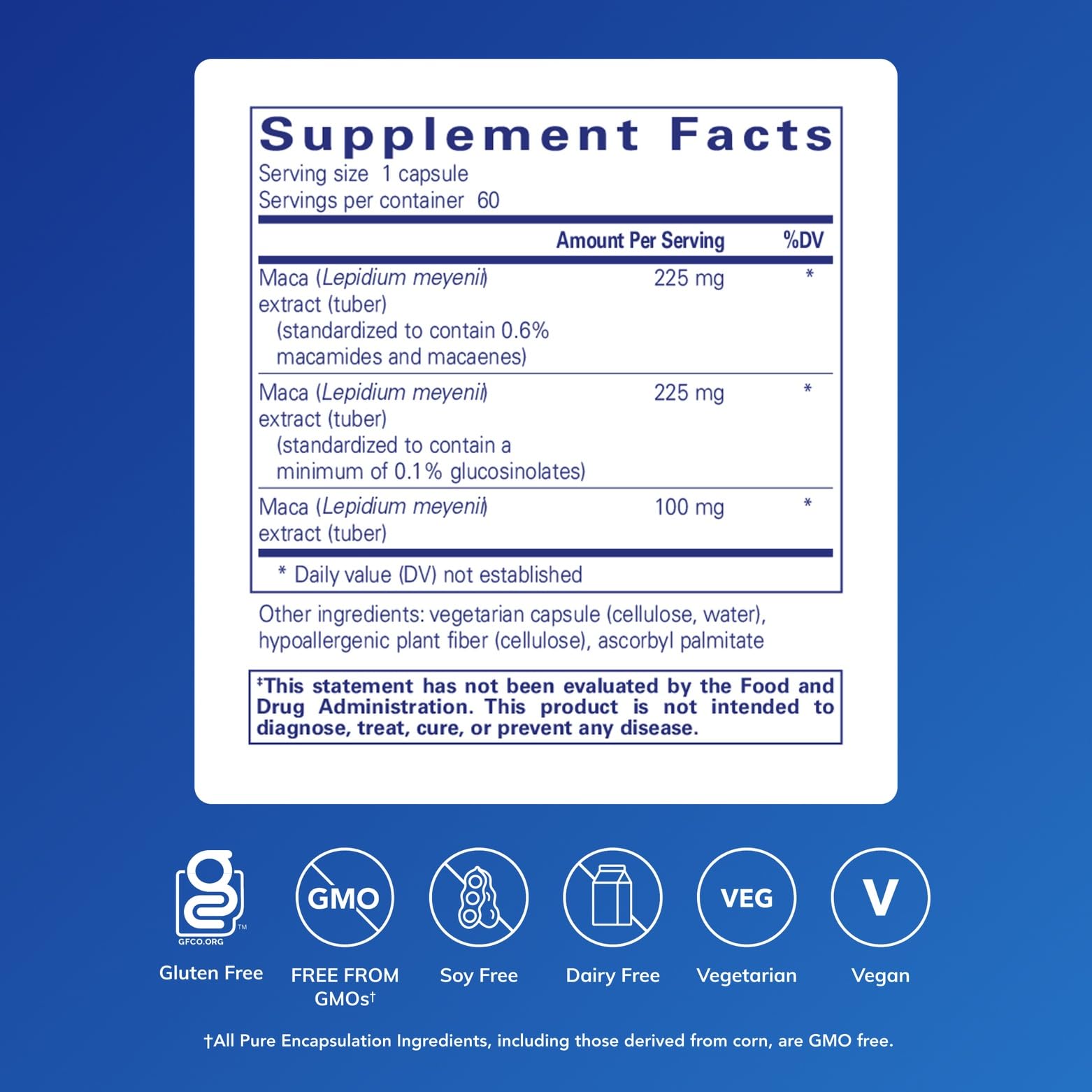 Close-up of Maca-3 label highlighting allergen-free ingredients for sensitive users.