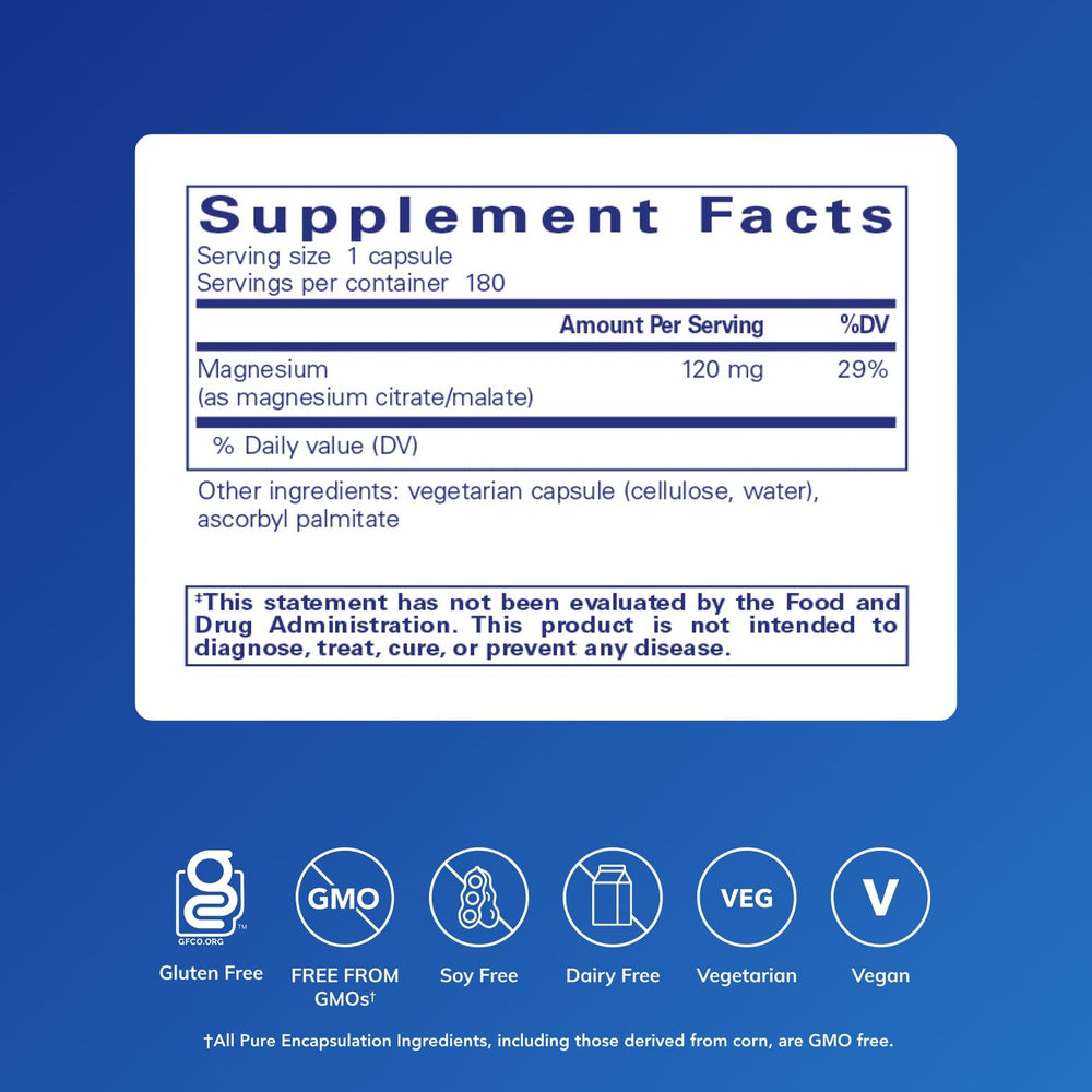 Pure Encapsulations Magnesium Citrate/Malate capsules close-up showing smooth texture.