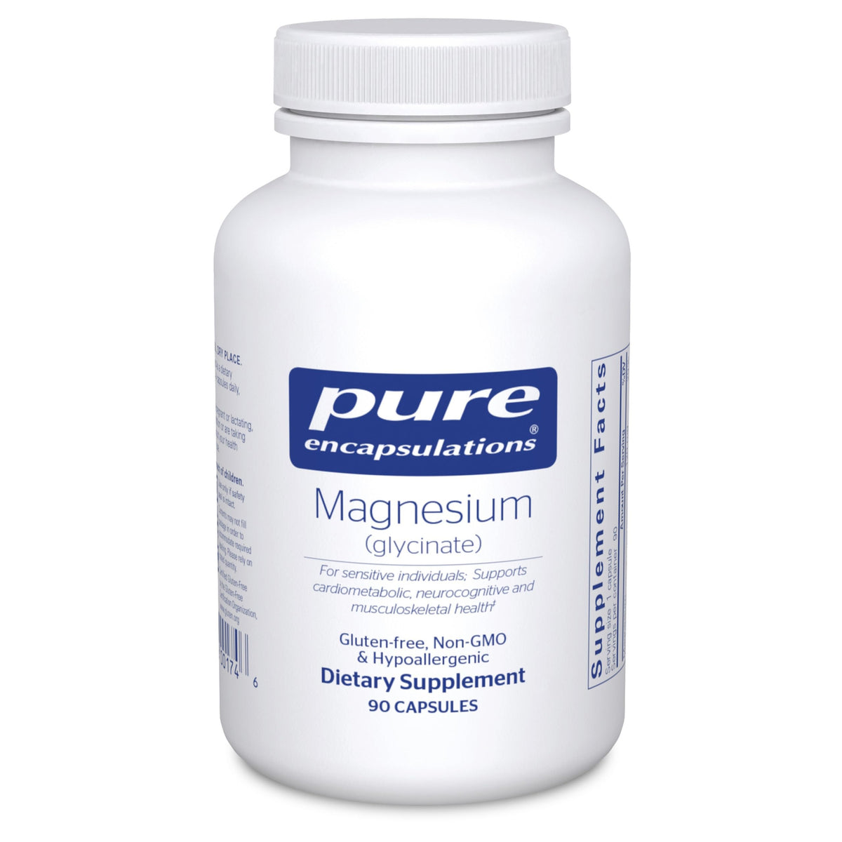 Pure Encapsulations magnesium glycinate bottle front for daily balance and nerve support.