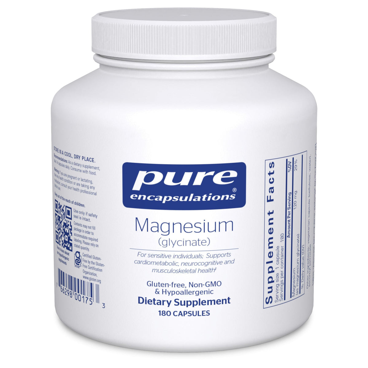 Pure Encapsulations Magnesium Glycinate bottle and capsules, signaling daily relaxation and sleep.