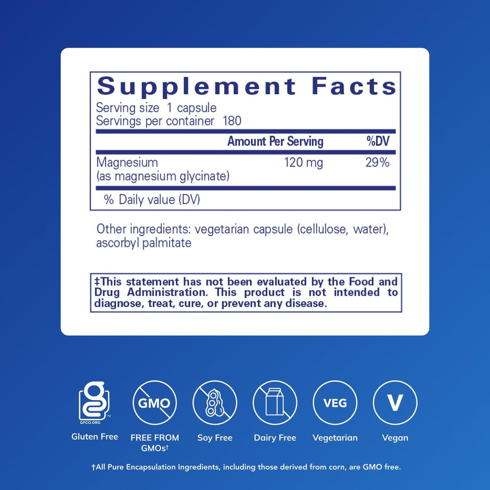 Pure Encapsulations Magnesium Glycinate capsules arranged for everyday use and nervous system support.