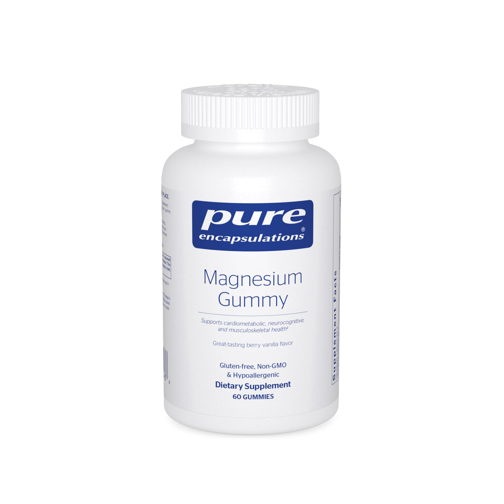 Pure Encapsulations Magnesium Gummy bottle closeup for easy daily use.